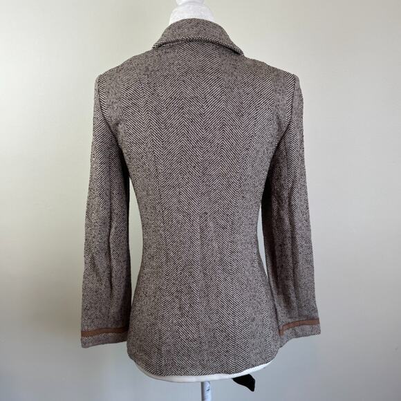 St. John Collection Blazer Jacket 4 S Chevron Wool Blend Brown Tan Unlined Zip - Picture 3 of 13